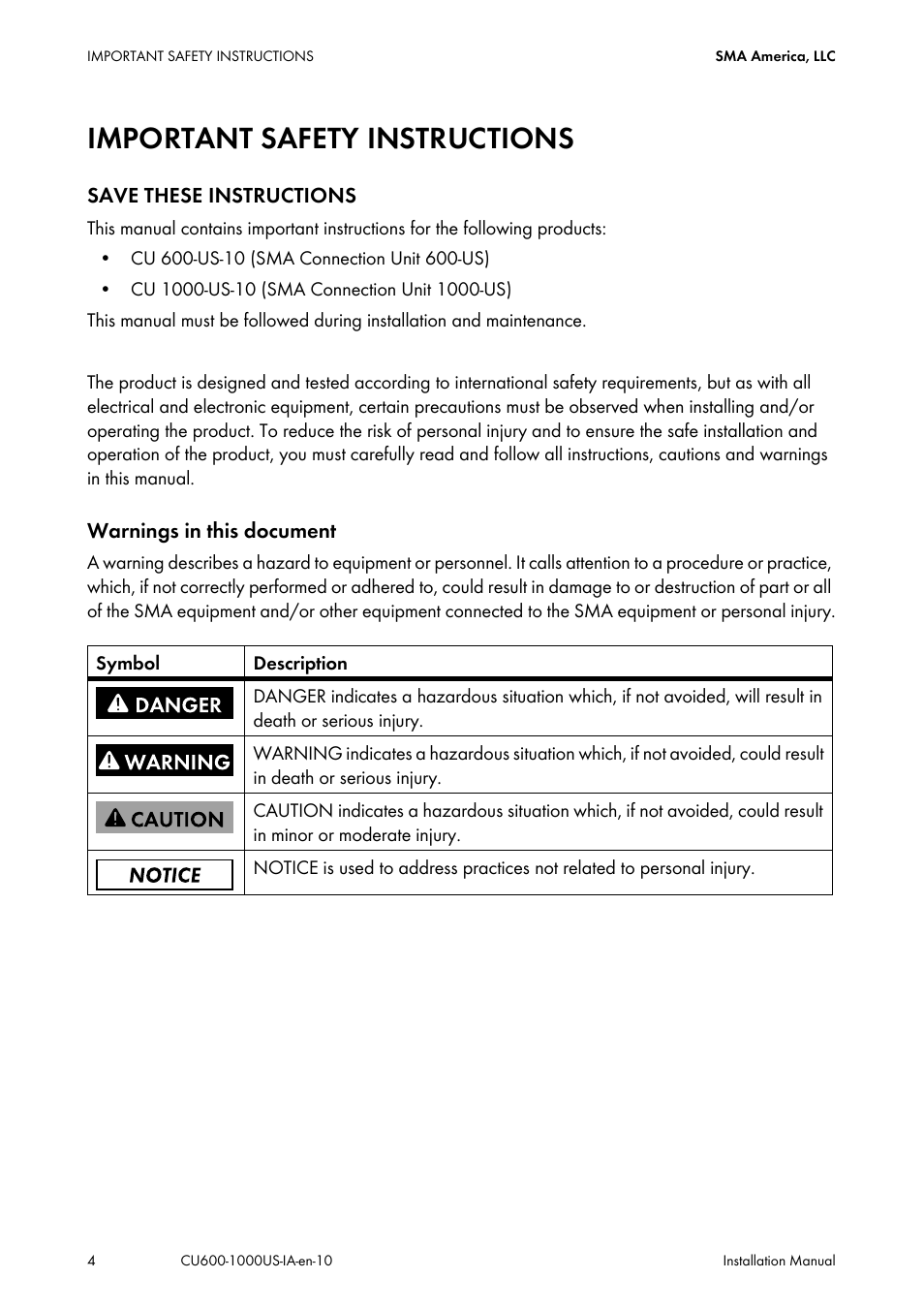 Important safety instructions | SMA 600-US User Manual | Page 4 / 52