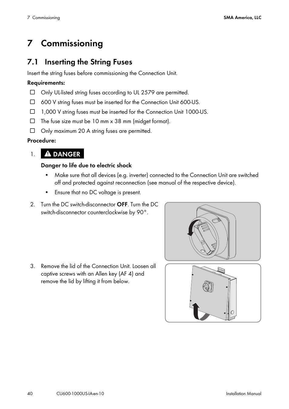 7 commissioning, 1 inserting the string fuses | SMA 600-US User Manual | Page 40 / 52
