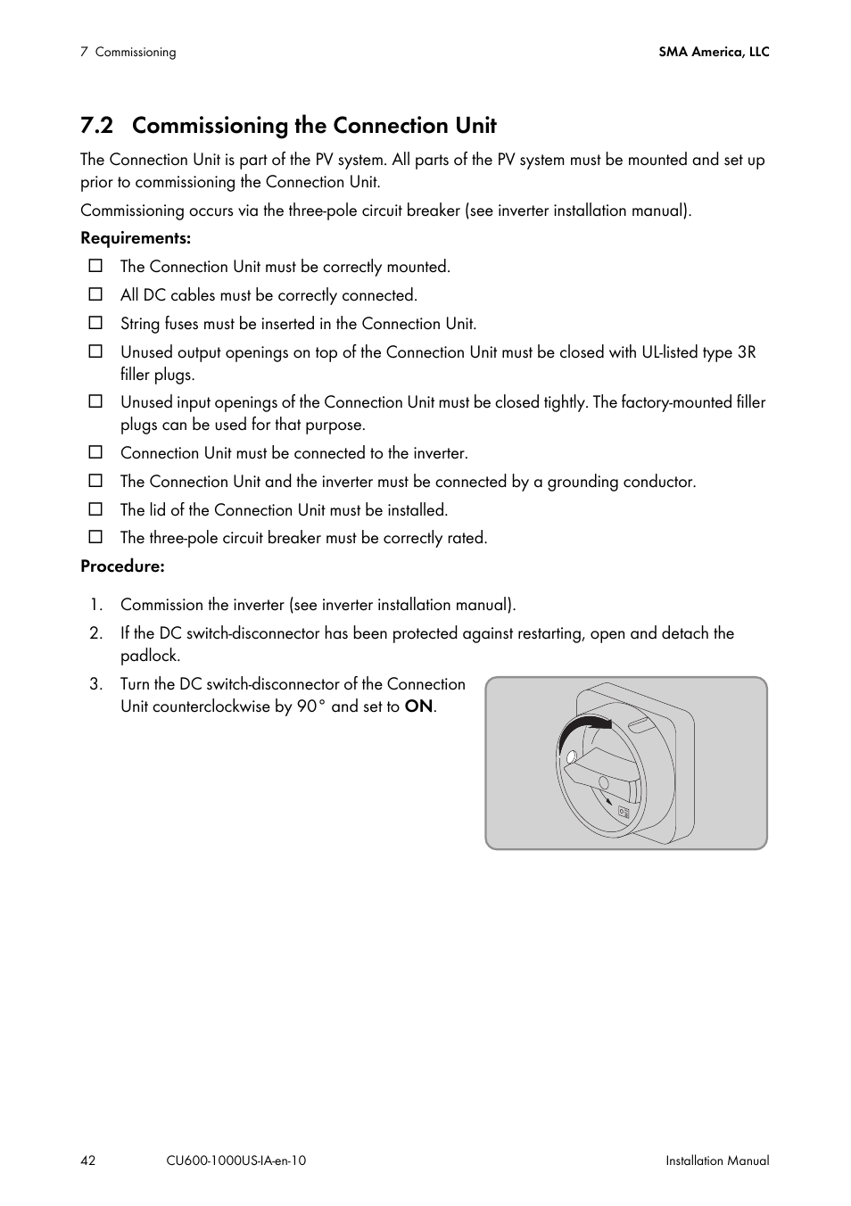 2 commissioning the connection unit | SMA 600-US User Manual | Page 42 / 52
