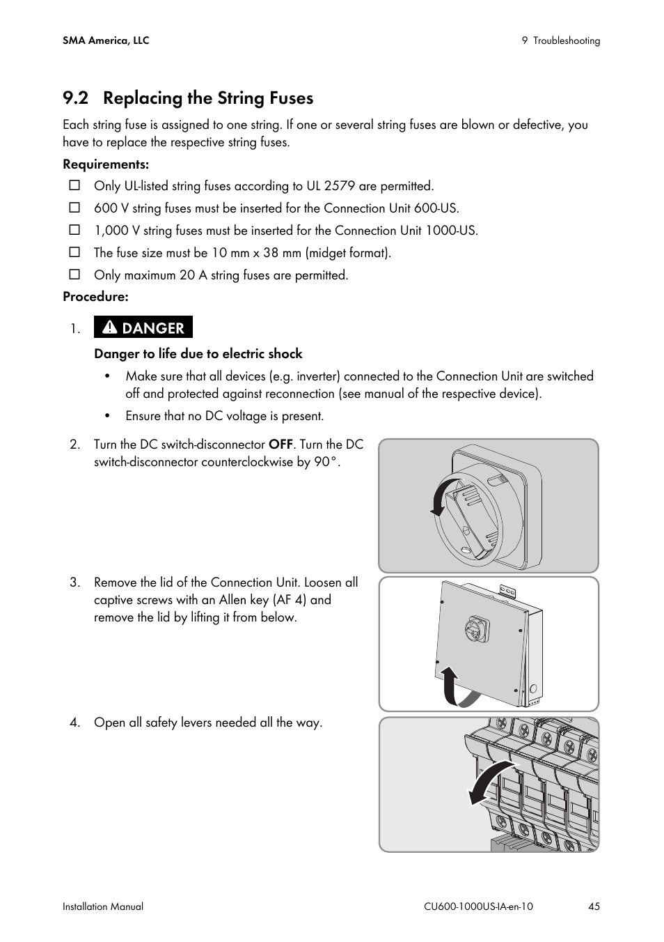 2 replacing the string fuses | SMA 600-US User Manual | Page 45 / 52
