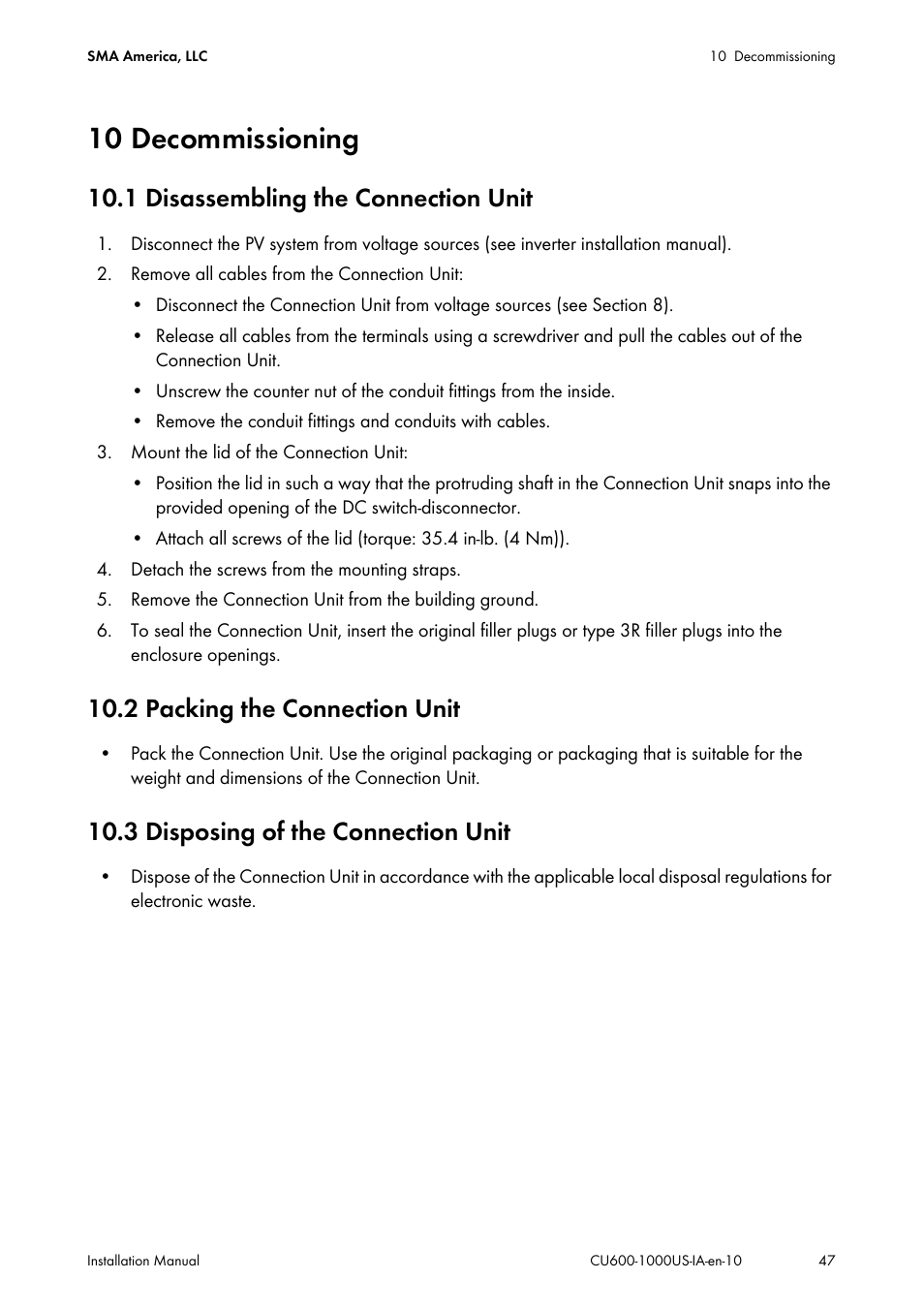 10 decommissioning, 1 disassembling the connection unit, 2 packing the connection unit | 3 disposing of the connection unit | SMA 600-US User Manual | Page 47 / 52