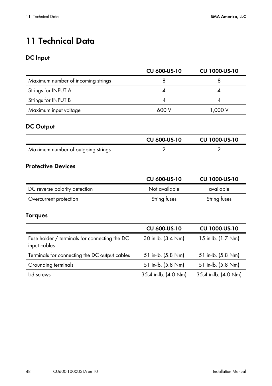 11 technical data | SMA 600-US User Manual | Page 48 / 52