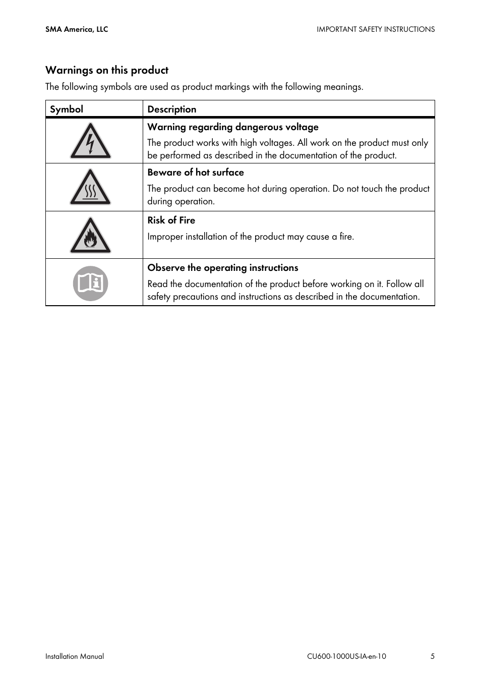 Warnings on this product | SMA 600-US User Manual | Page 5 / 52