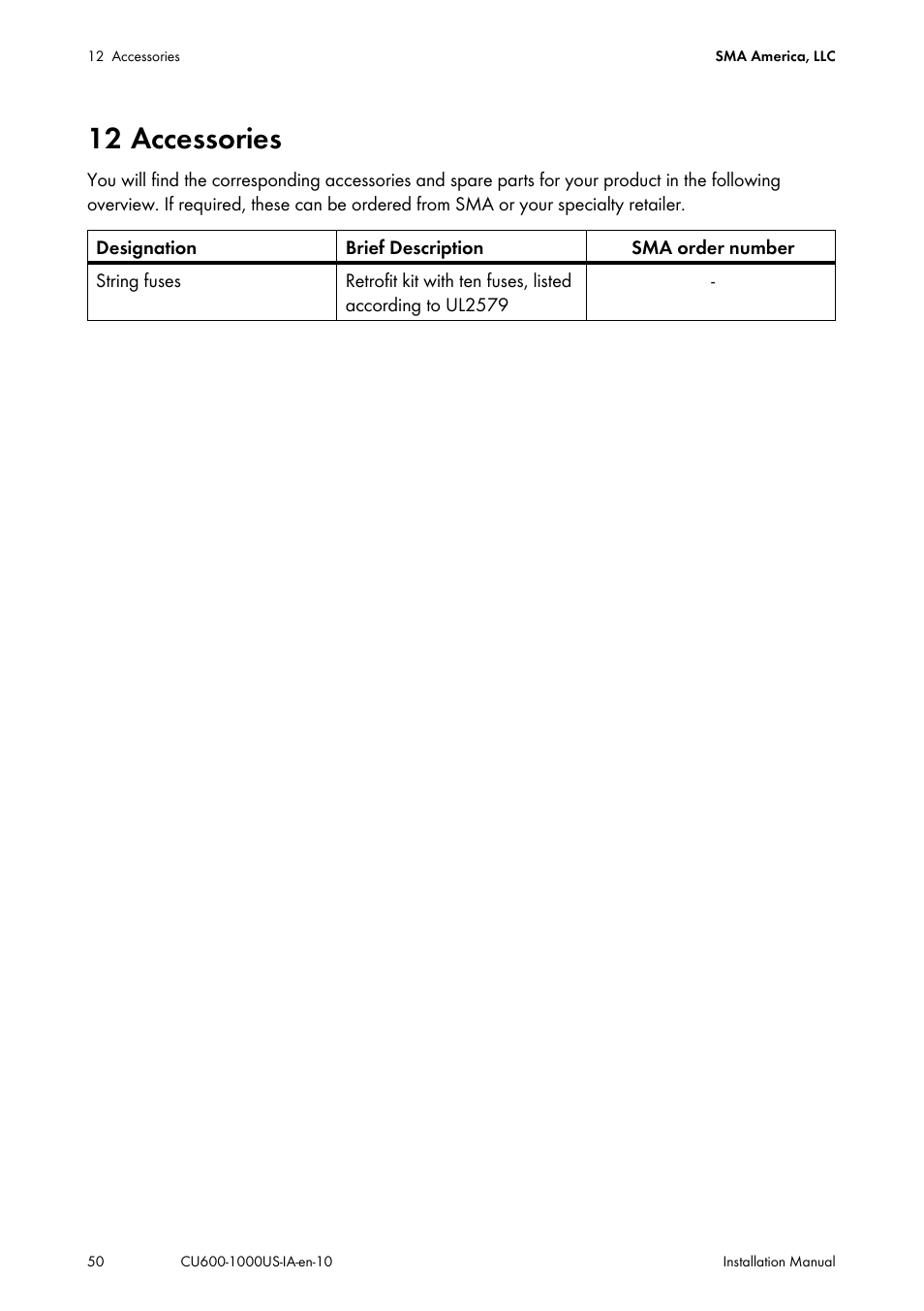 12 accessories | SMA 600-US User Manual | Page 50 / 52