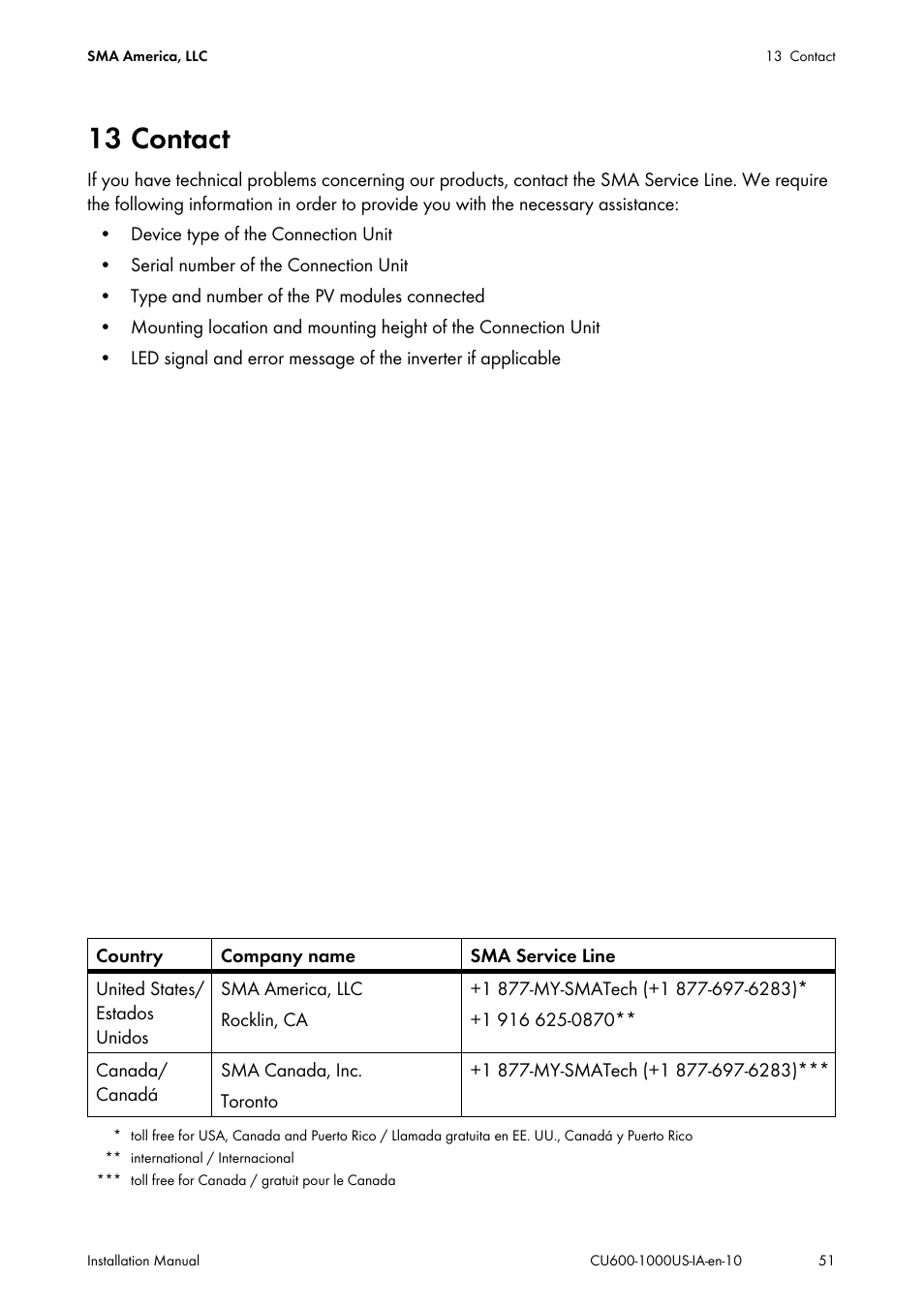 13 contact | SMA 600-US User Manual | Page 51 / 52