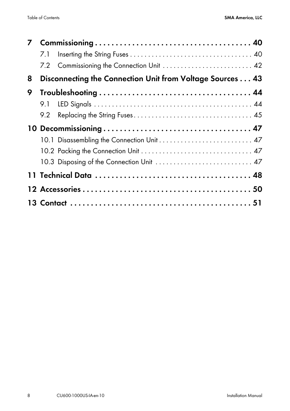 7 commissioning, 10 decommissioning | SMA 600-US User Manual | Page 8 / 52