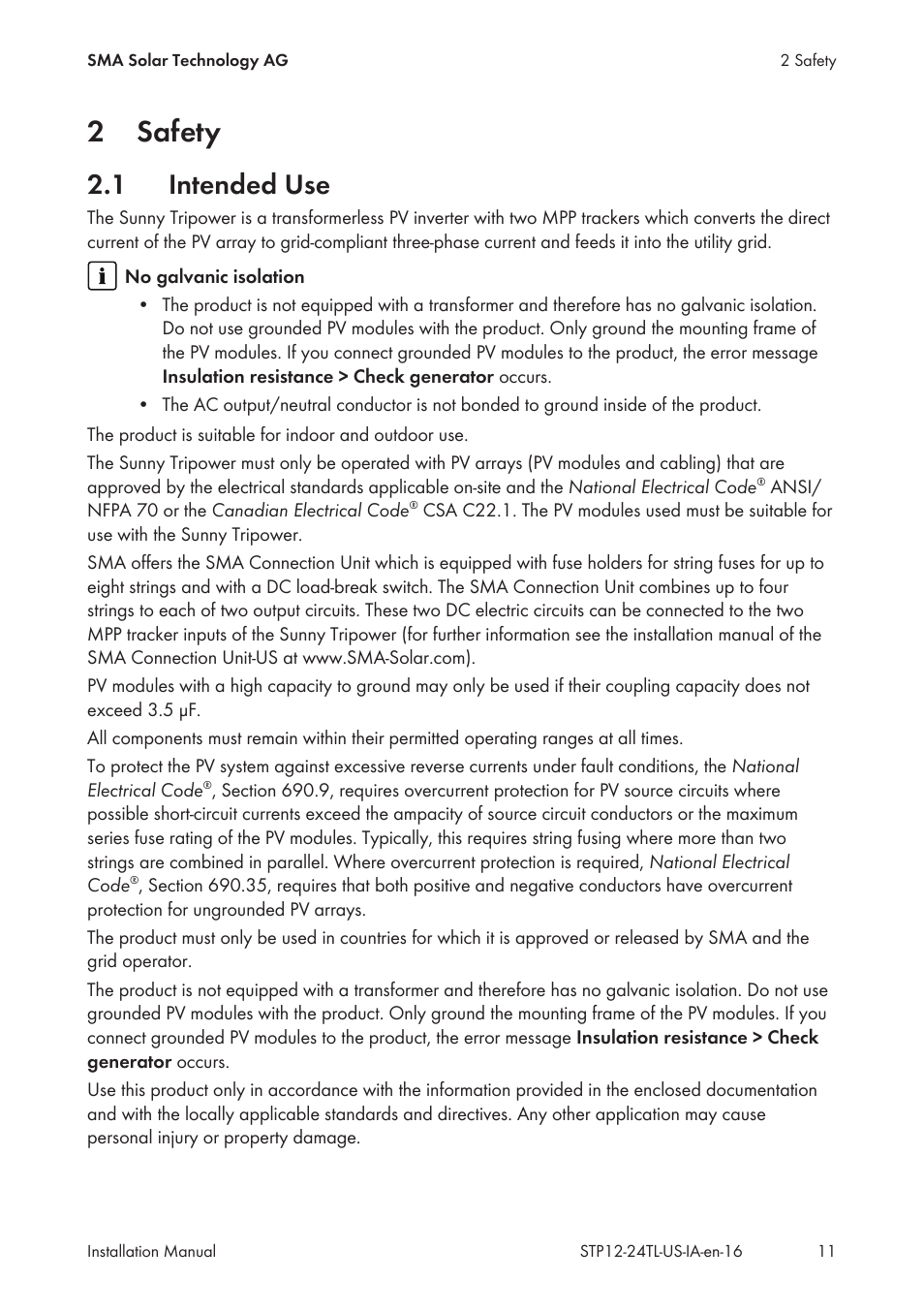 2 safety, 1 intended use, Safety | Intended use, 2safety | SMA STP 12000TL-US User Manual | Page 11 / 78