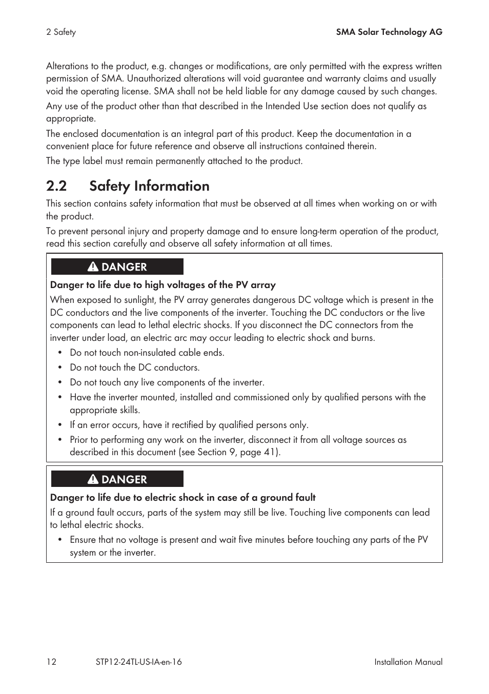 2 safety information, Safety information | SMA STP 12000TL-US User Manual | Page 12 / 78