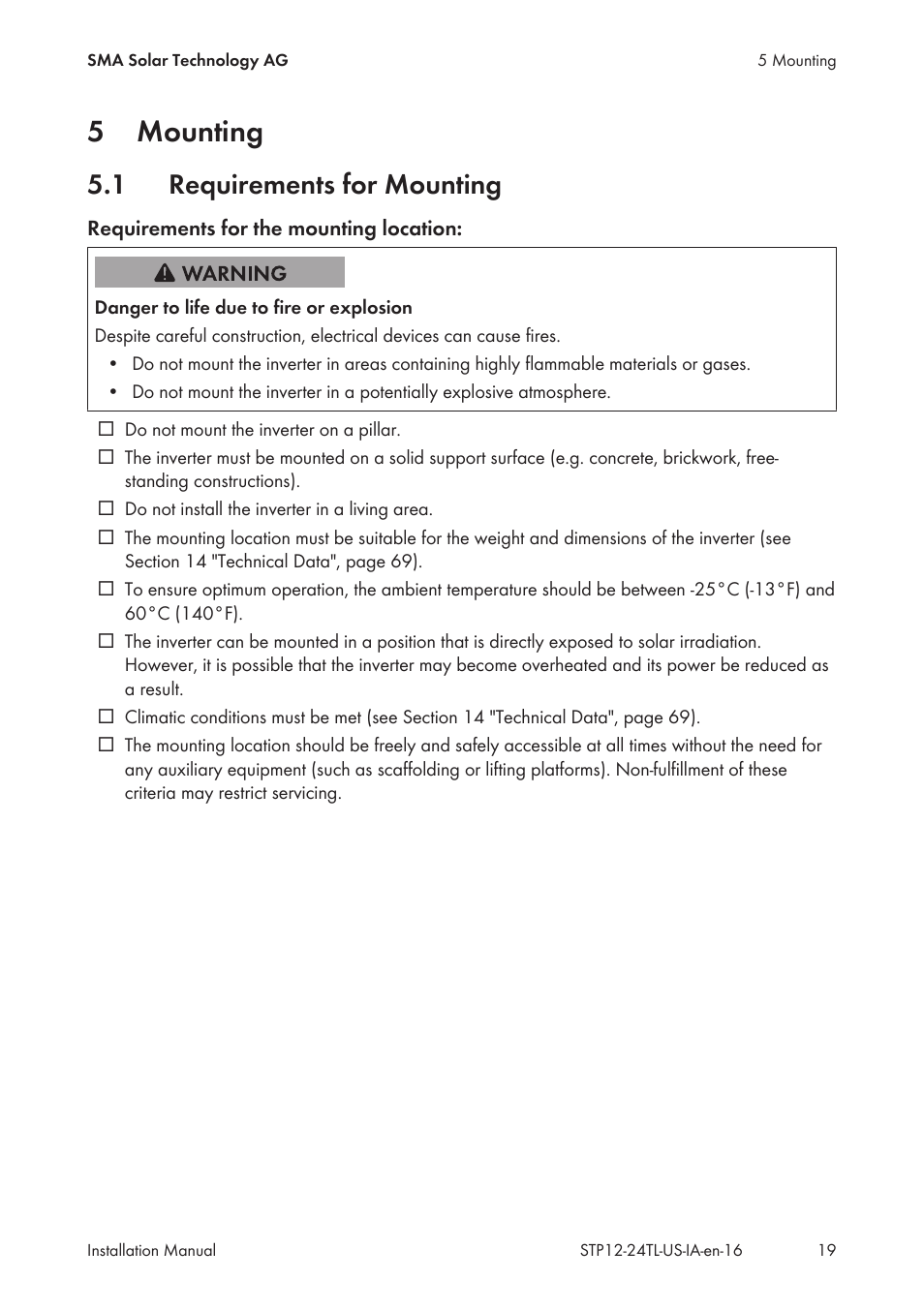 5 mounting, 1 requirements for mounting, Mounting | Requirements for mounting, 5mounting | SMA STP 12000TL-US User Manual | Page 19 / 78
