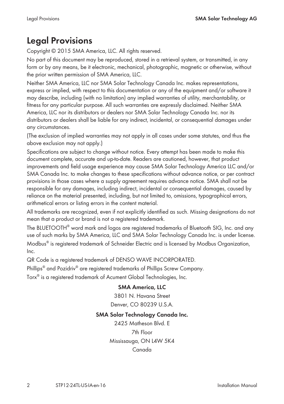 Legal provisions | SMA STP 12000TL-US User Manual | Page 2 / 78