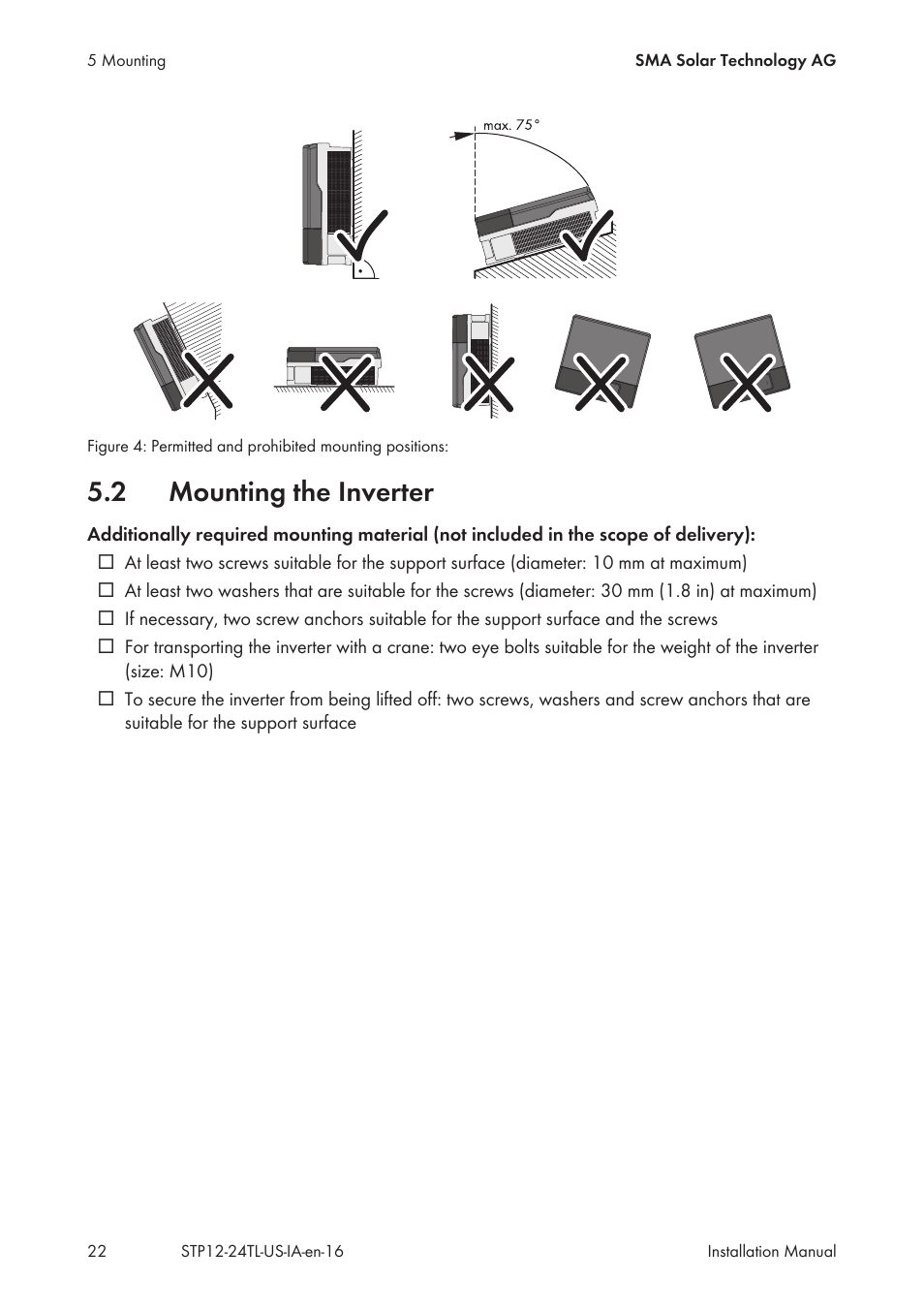 2 mounting the inverter, Mounting the inverter | SMA STP 12000TL-US User Manual | Page 22 / 78