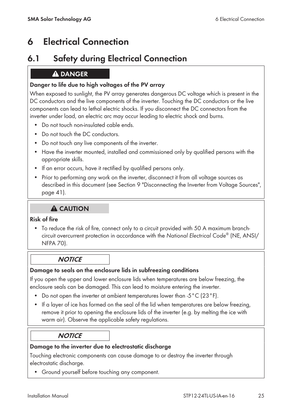 6 electrical connection, 1 safety during electrical connection, Electrical connection | Safety during electrical connection, 6electrical connection | SMA STP 12000TL-US User Manual | Page 25 / 78