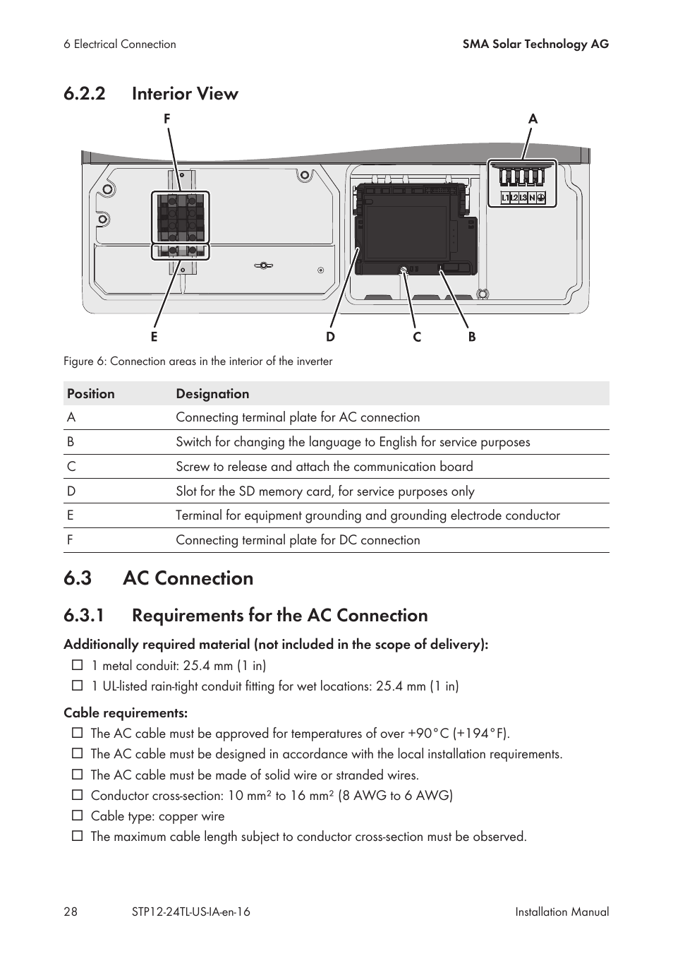 2 interior view, 3 ac connection, 1 requirements for the ac connection | Interior view, Ac connection, Requirements for the ac connection | SMA STP 12000TL-US User Manual | Page 28 / 78