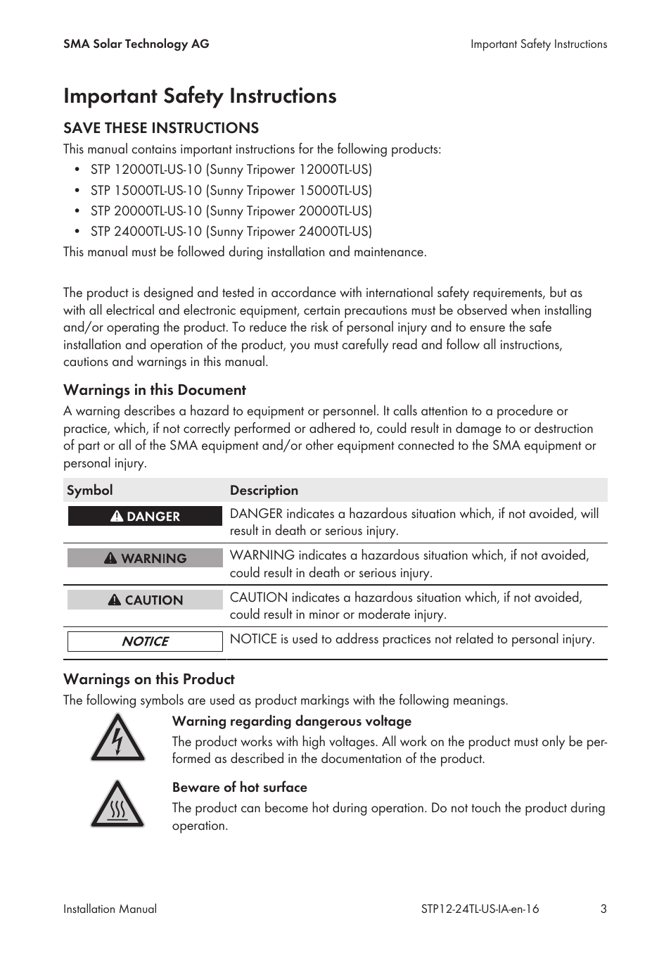Important safety instructions | SMA STP 12000TL-US User Manual | Page 3 / 78