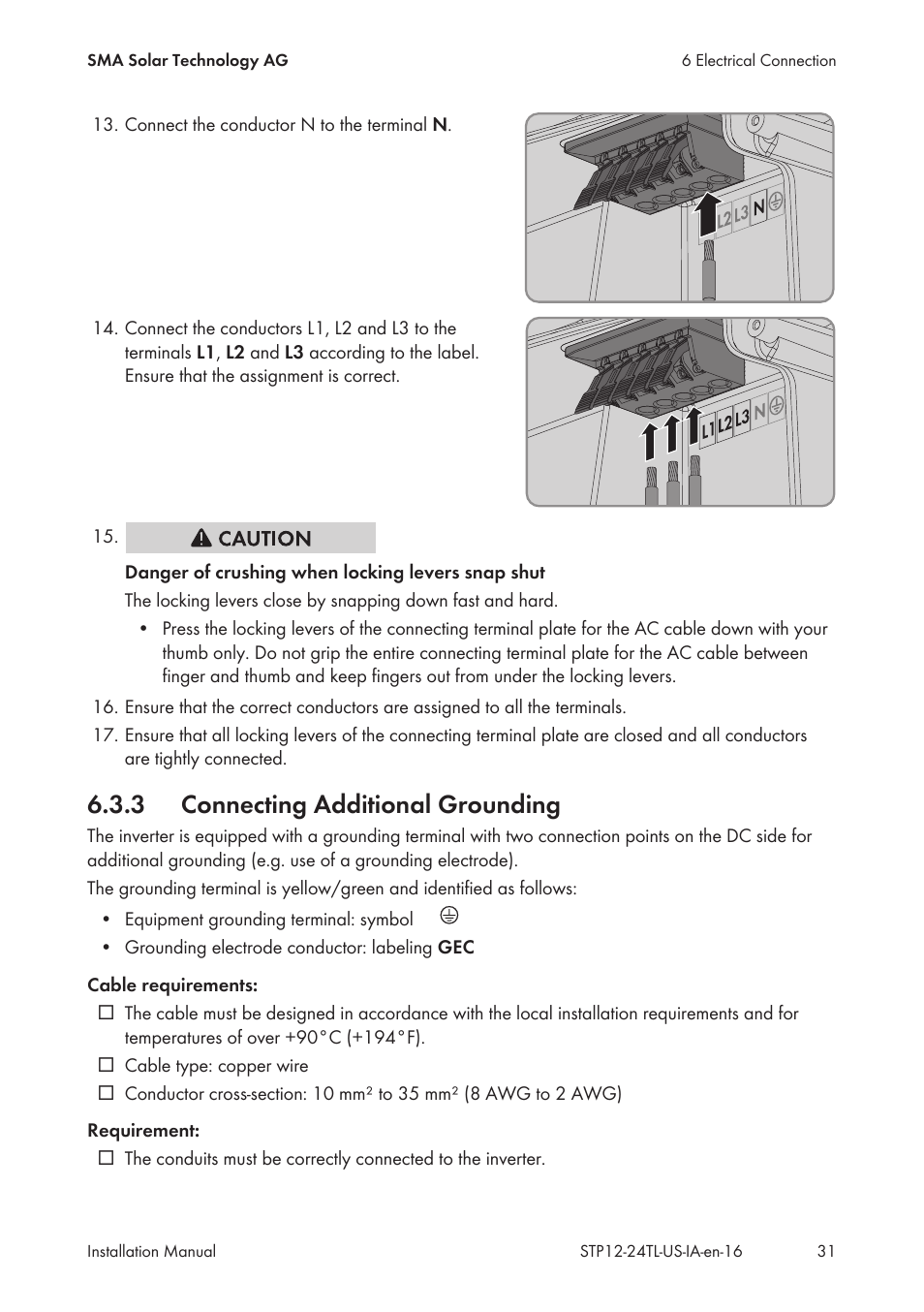 3 connecting additional grounding, Connecting additional grounding | SMA STP 12000TL-US User Manual | Page 31 / 78