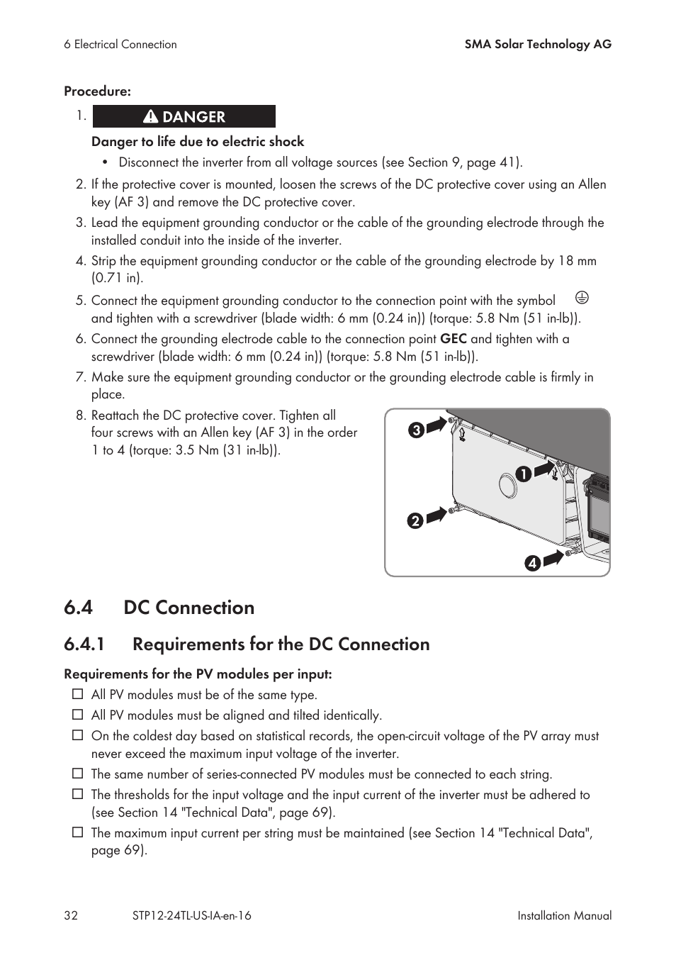 4 dc connection, 1 requirements for the dc connection, Dc connection | Requirements for the dc connection | SMA STP 12000TL-US User Manual | Page 32 / 78