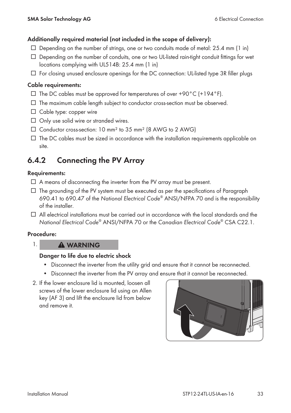 2 connecting the pv array, Connecting the pv array | SMA STP 12000TL-US User Manual | Page 33 / 78