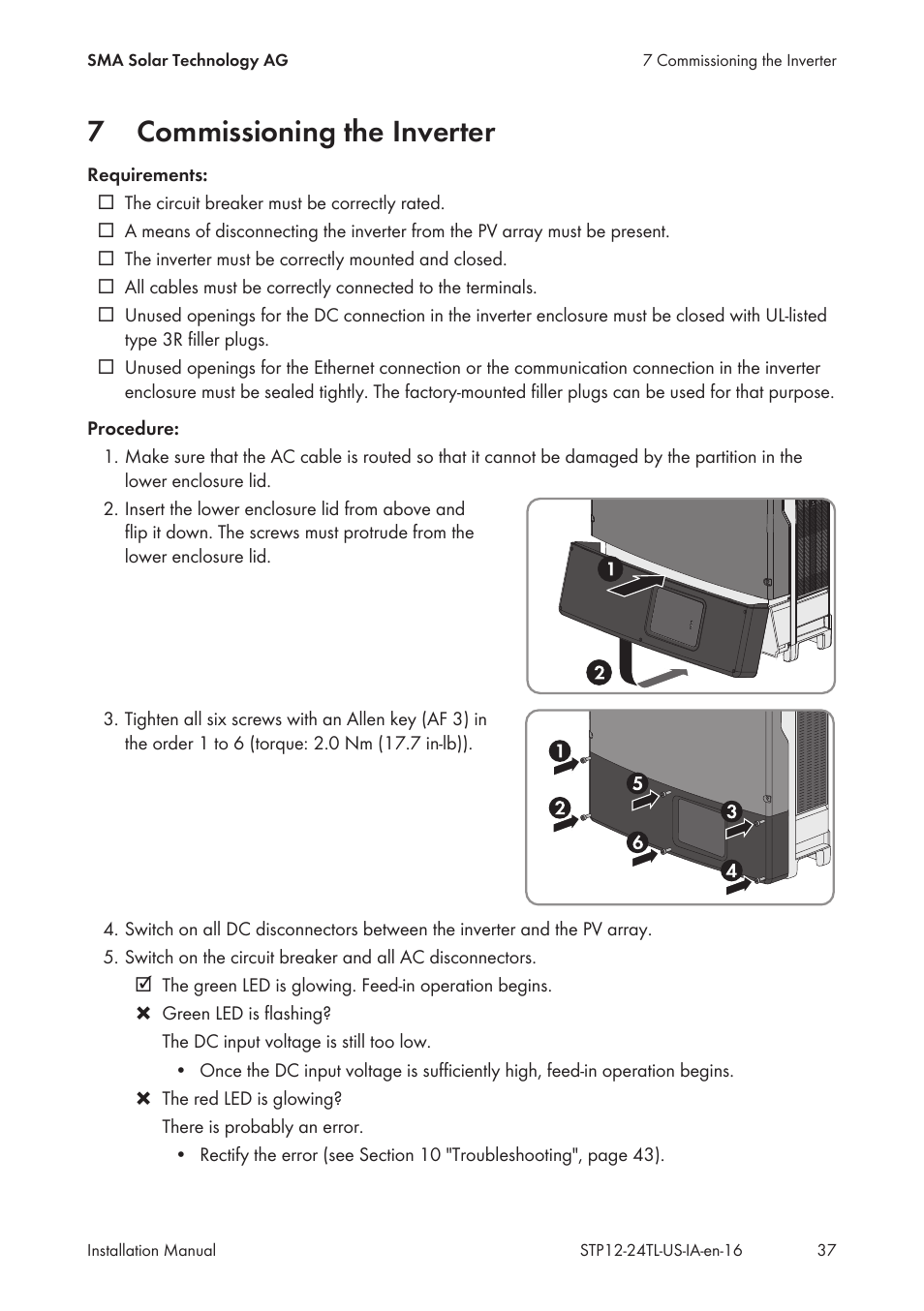 7 commissioning the inverter, Commissioning the inverter, 7commissioning the inverter | SMA STP 12000TL-US User Manual | Page 37 / 78