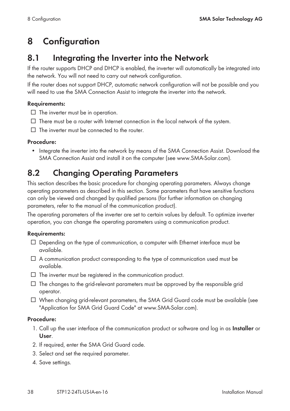 8 configuration, 1 integrating the inverter into the network, 2 changing operating parameters | Configuration, Integrating the inverter into the network, Changing operating parameters, 8configuration | SMA STP 12000TL-US User Manual | Page 38 / 78