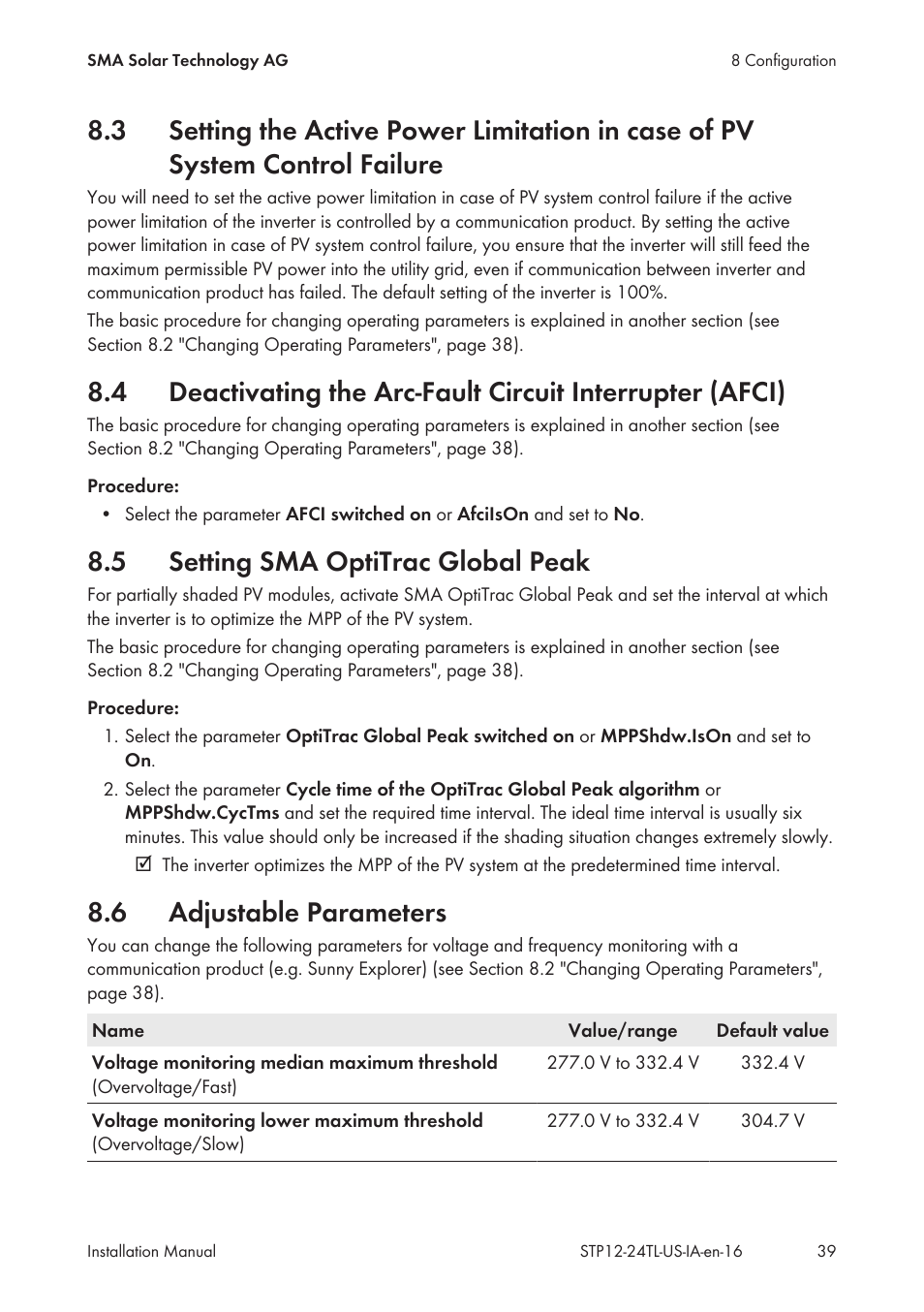 5 setting sma optitrac global peak, 6 adjustable parameters, Setting sma optitrac global peak | Adjustable parameters | SMA STP 12000TL-US User Manual | Page 39 / 78