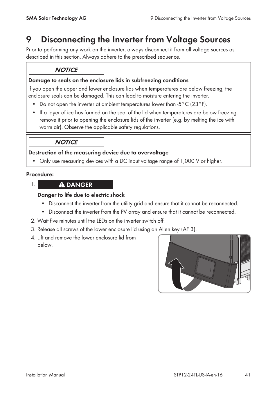 9 disconnecting the inverter from voltage sources, Disconnecting the inverter from voltage sources, 9disconnecting the inverter from voltage sources | SMA STP 12000TL-US User Manual | Page 41 / 78