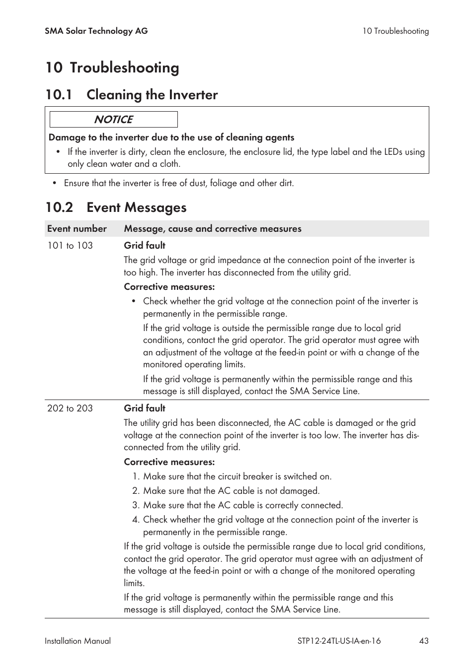 10 troubleshooting, 1 cleaning the inverter, 2 event messages | 1 cleaning the inverter 10.2 event messages | SMA STP 12000TL-US User Manual | Page 43 / 78