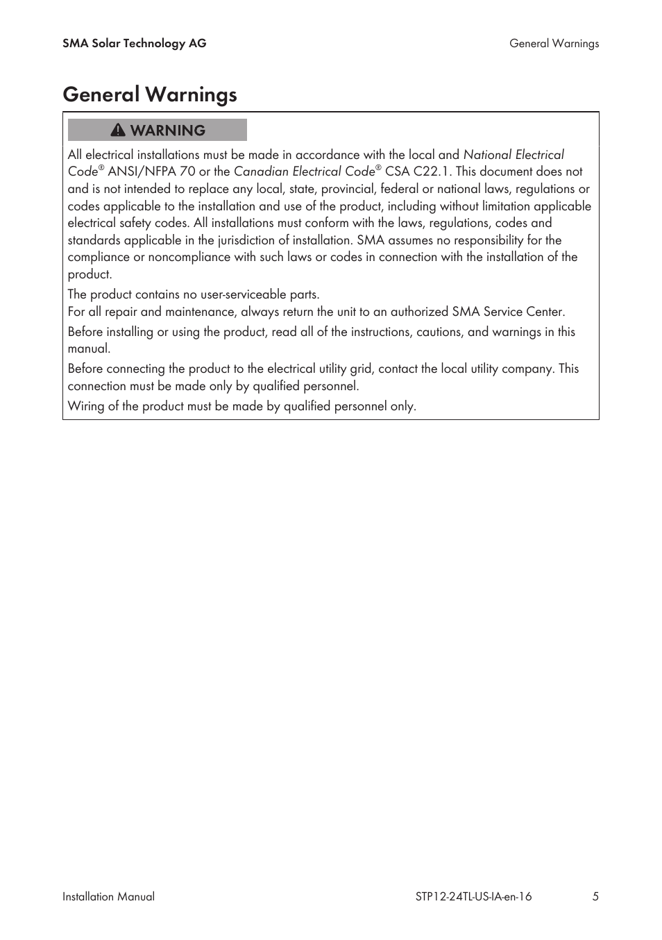 General warnings | SMA STP 12000TL-US User Manual | Page 5 / 78