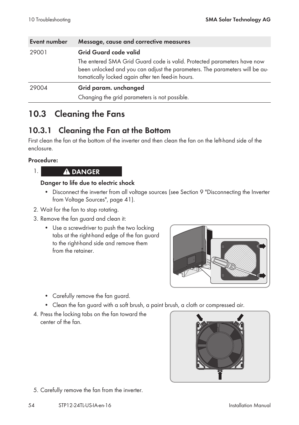 3 cleaning the fans, 1 cleaning the fan at the bottom | SMA STP 12000TL-US User Manual | Page 54 / 78