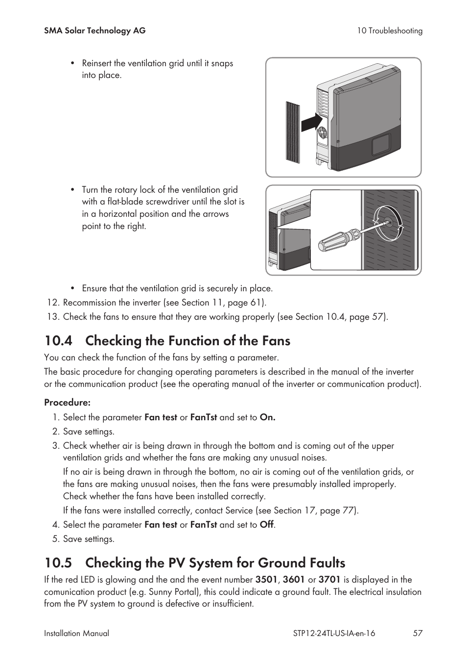 4 checking the function of the fans, 5 checking the pv system for ground faults | SMA STP 12000TL-US User Manual | Page 57 / 78