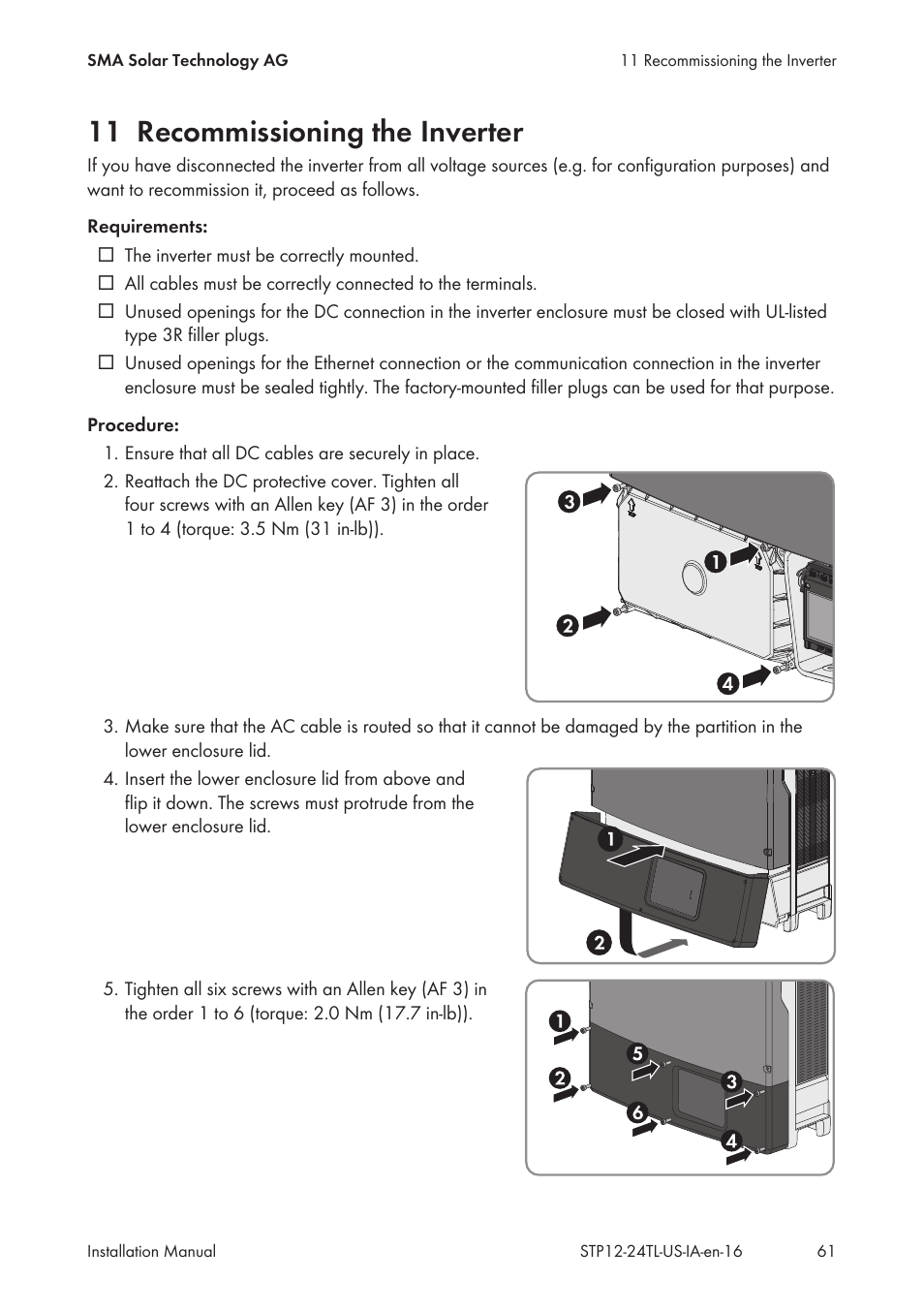 11 recommissioning the inverter | SMA STP 12000TL-US User Manual | Page 61 / 78