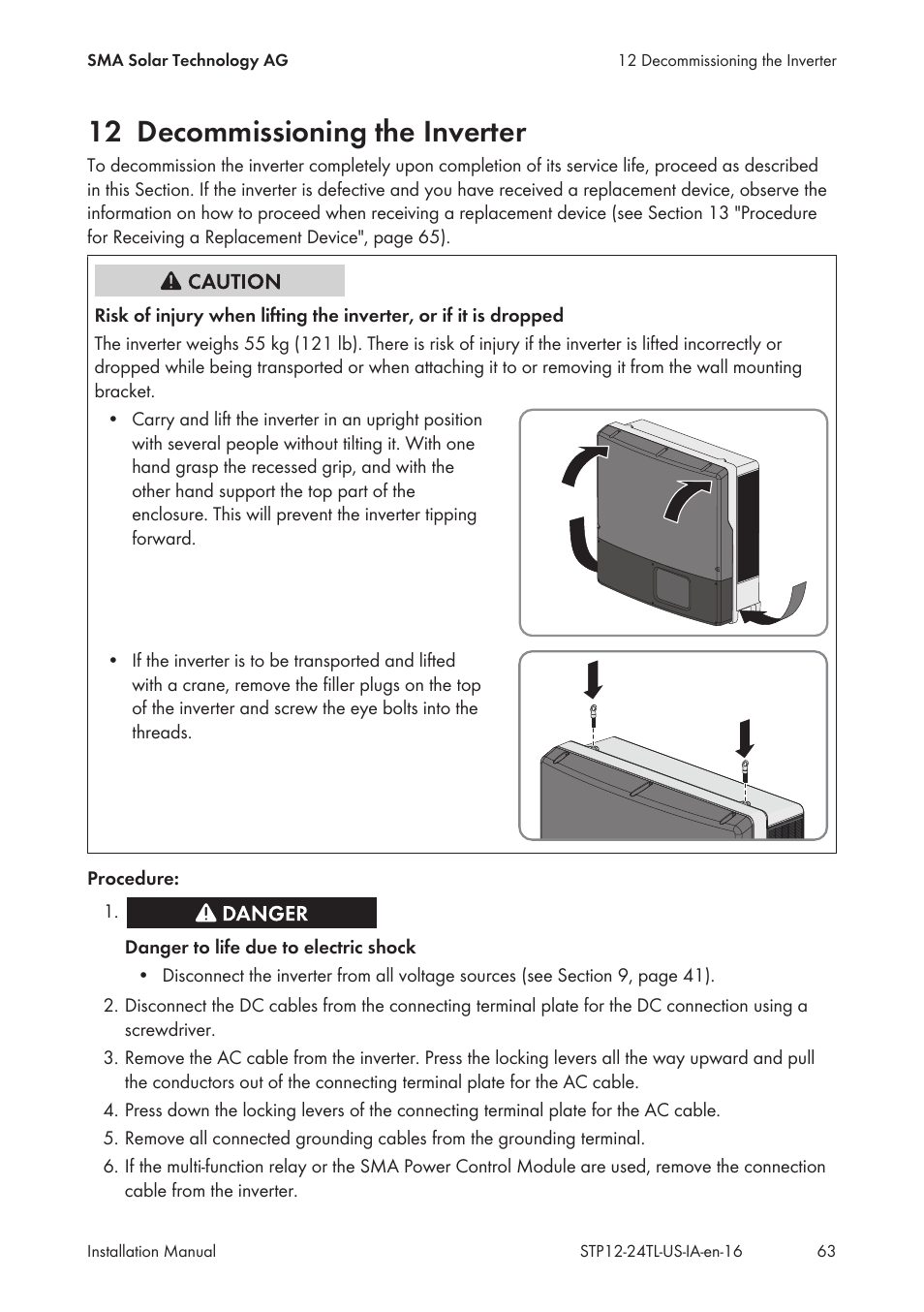 12 decommissioning the inverter | SMA STP 12000TL-US User Manual | Page 63 / 78