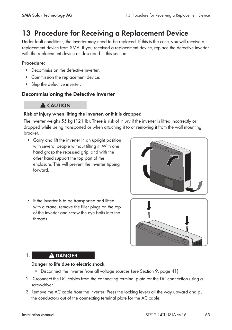 13 procedure for receiving a replacement device | SMA STP 12000TL-US User Manual | Page 65 / 78