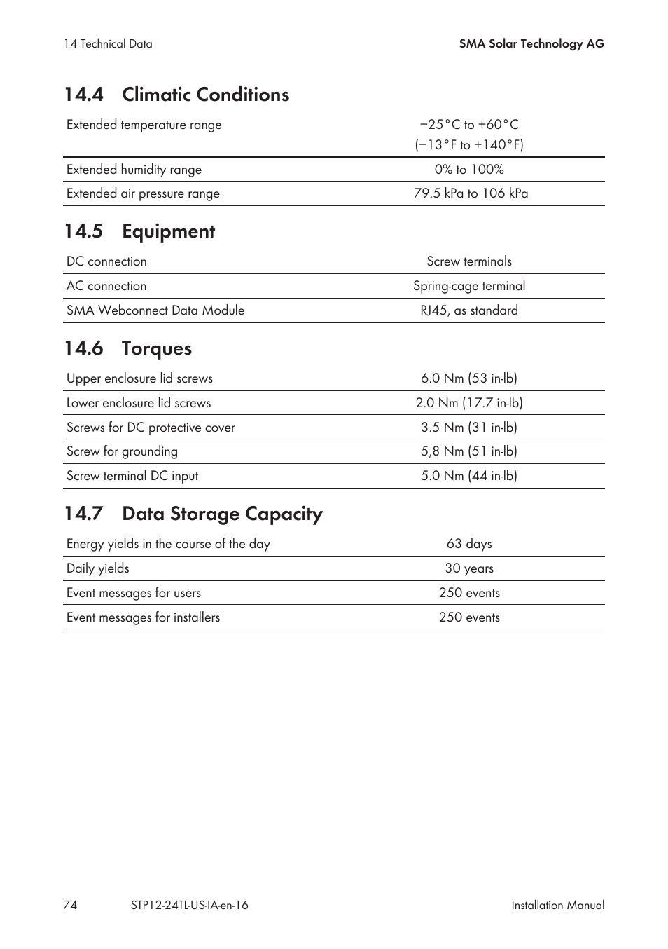 4 climatic conditions, 5 equipment, 6 torques | 7 data storage capacity | SMA STP 12000TL-US User Manual | Page 74 / 78
