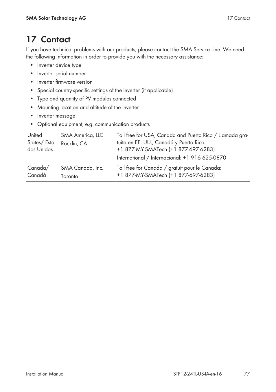 17 contact | SMA STP 12000TL-US User Manual | Page 77 / 78