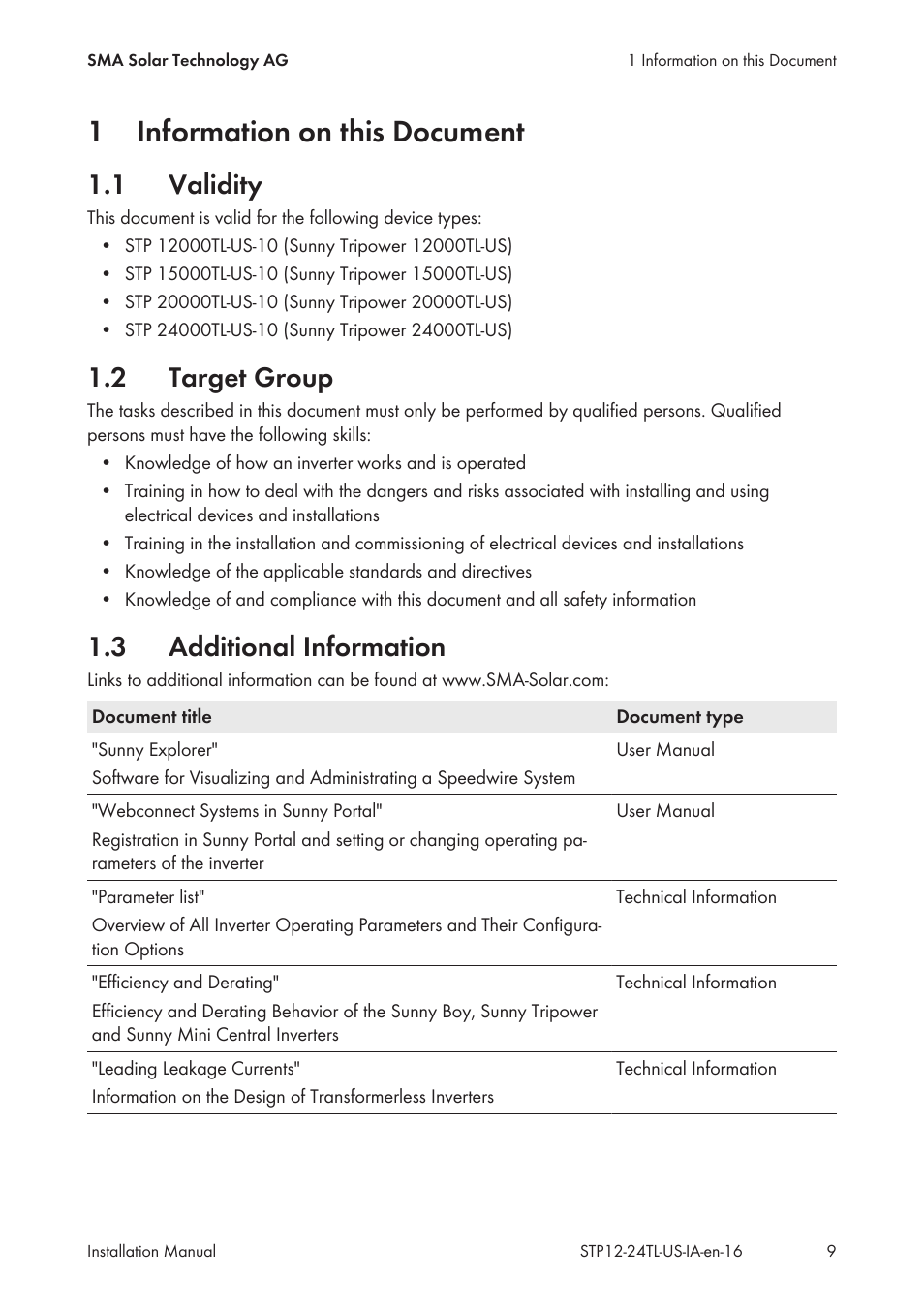 1 information on this document, 1 validity, 2 target group | 3 additional information, Information on this document, Validity, Target group, Additional information, 1information on this document | SMA STP 12000TL-US User Manual | Page 9 / 78