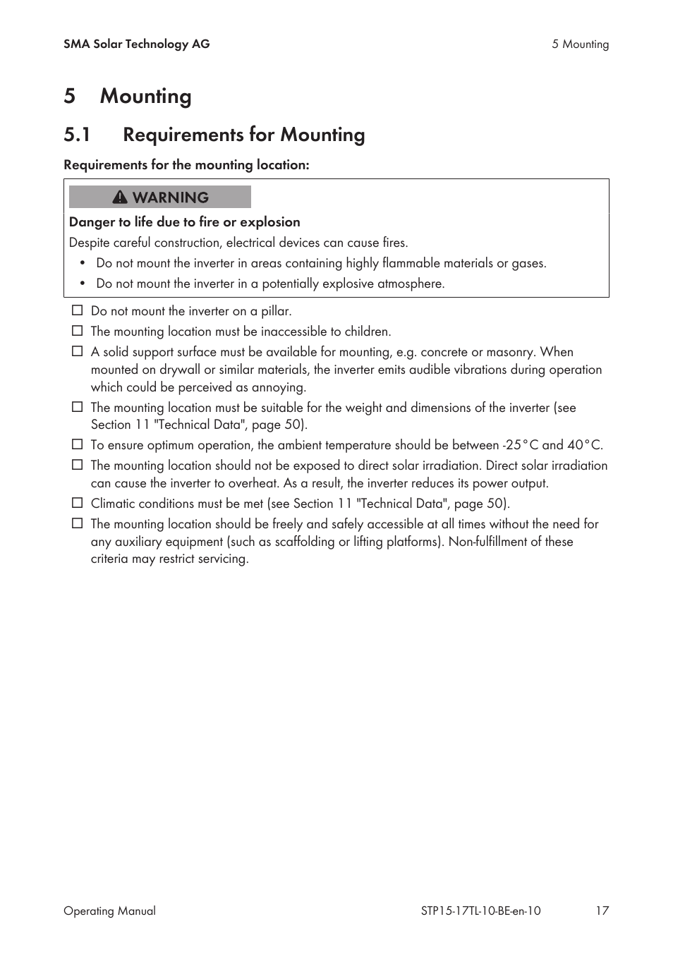 5 mounting, 1 requirements for mounting, Mounting | Requirements for mounting, 5mounting | SMA STP 15000TL User Manual | Page 17 / 60