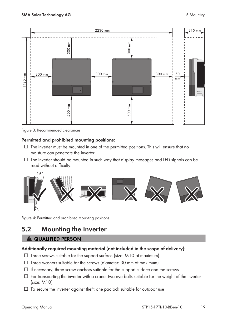 2 mounting the inverter, Mounting the inverter | SMA STP 15000TL User Manual | Page 19 / 60