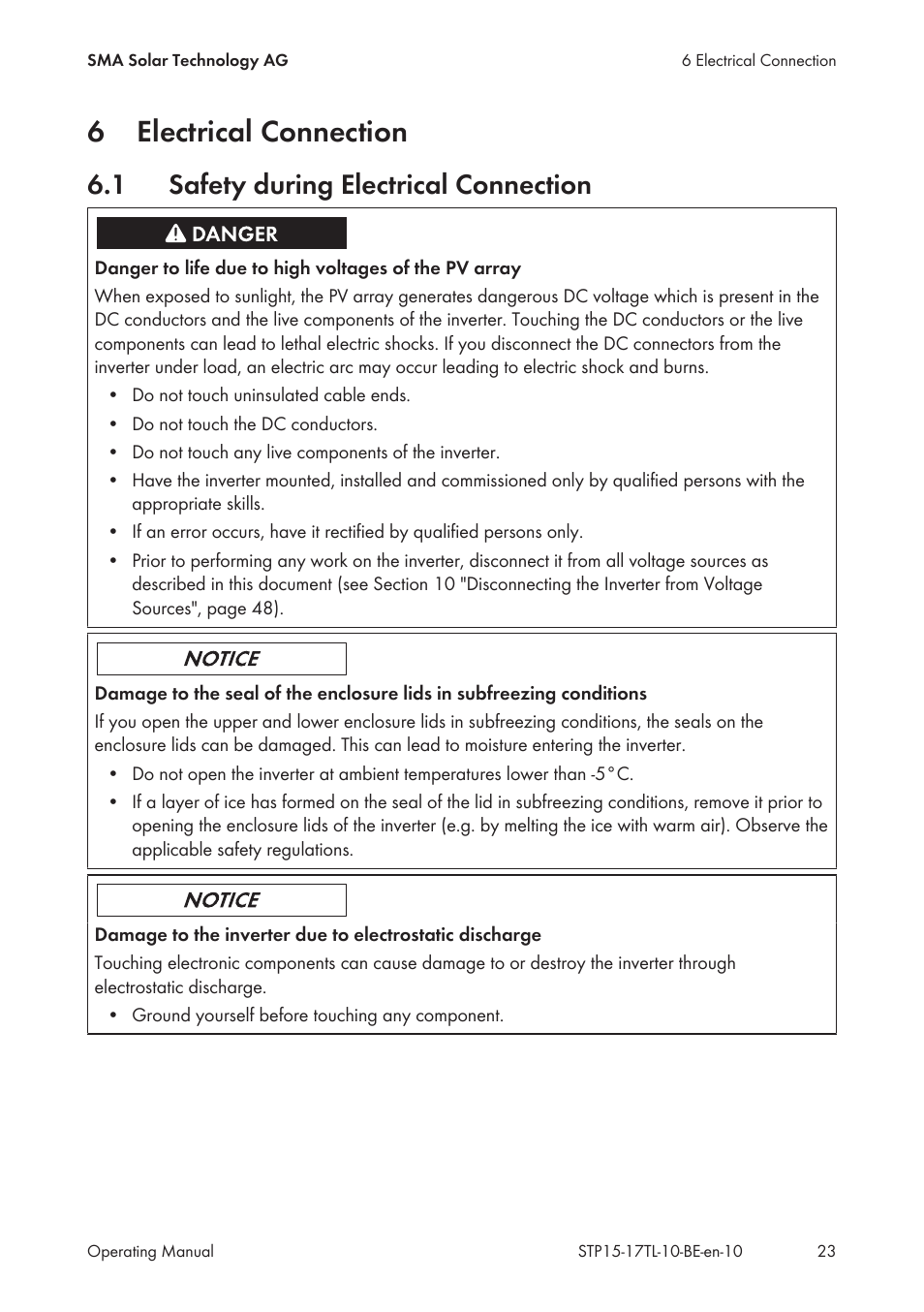 6 electrical connection, 1 safety during electrical connection, Electrical connection | Safety during electrical connection, 6electrical connection | SMA STP 15000TL User Manual | Page 23 / 60