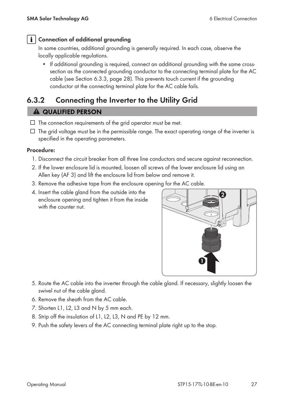 2 connecting the inverter to the utility grid, Connecting the inverter to the utility grid | SMA STP 15000TL User Manual | Page 27 / 60