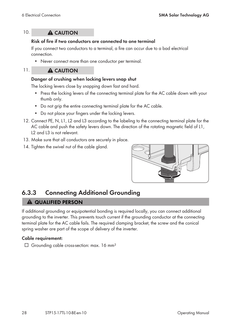 3 connecting additional grounding, Connecting additional grounding | SMA STP 15000TL User Manual | Page 28 / 60