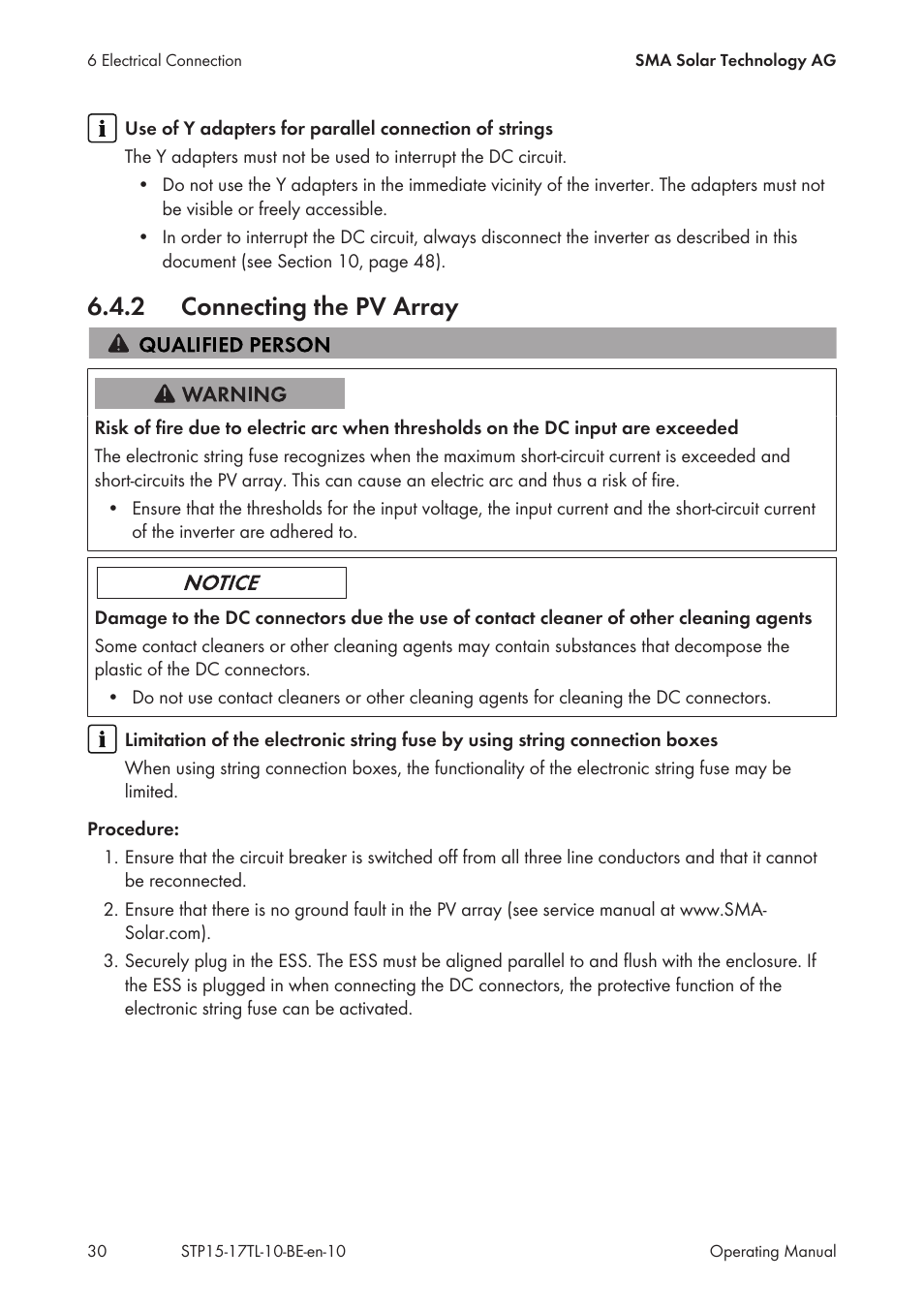 2 connecting the pv array, Connecting the pv array | SMA STP 15000TL User Manual | Page 30 / 60
