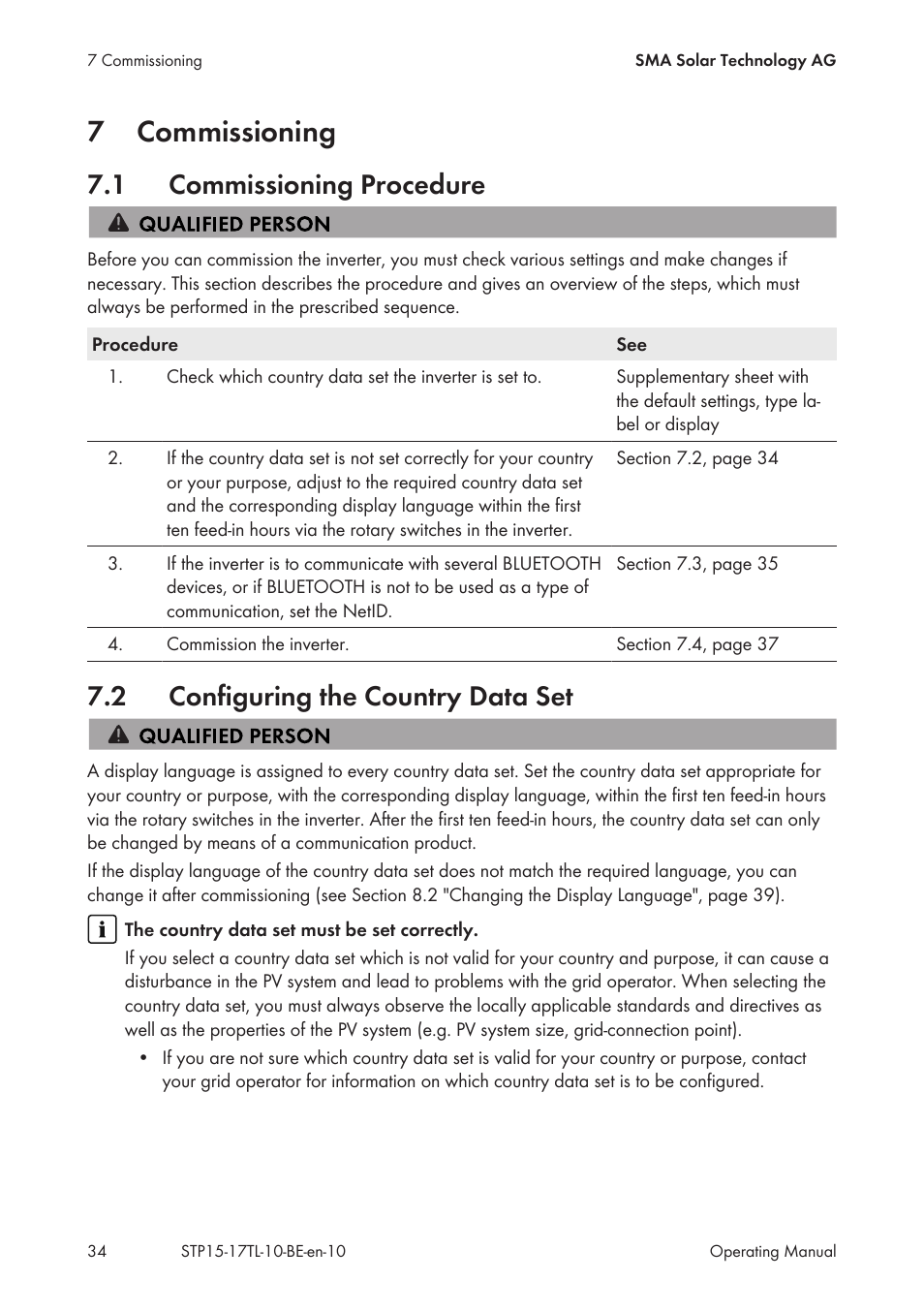 7 commissioning, 1 commissioning procedure, 2 configuring the country data set | Commissioning, Commissioning procedure, Configuring the country data set, 7commissioning | SMA STP 15000TL User Manual | Page 34 / 60