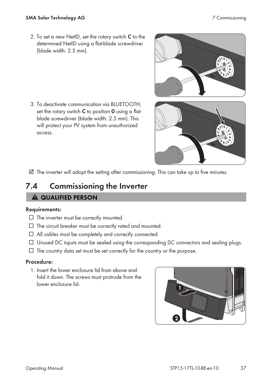 4 commissioning the inverter, Commissioning the inverter | SMA STP 15000TL User Manual | Page 37 / 60