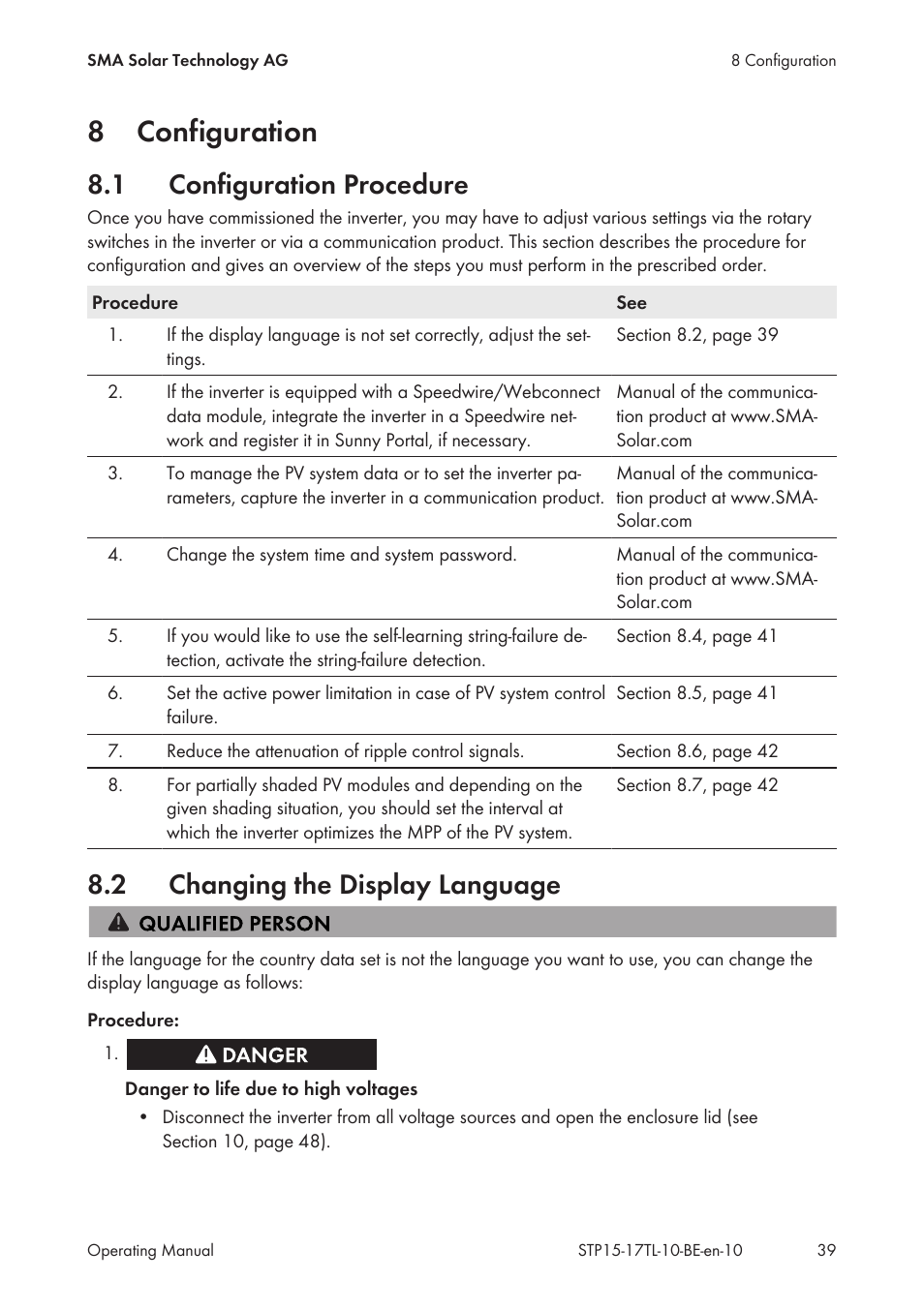 8 configuration, 1 configuration procedure, 2 changing the display language | Configuration, Configuration procedure, Changing the display language, 8configuration | SMA STP 15000TL User Manual | Page 39 / 60