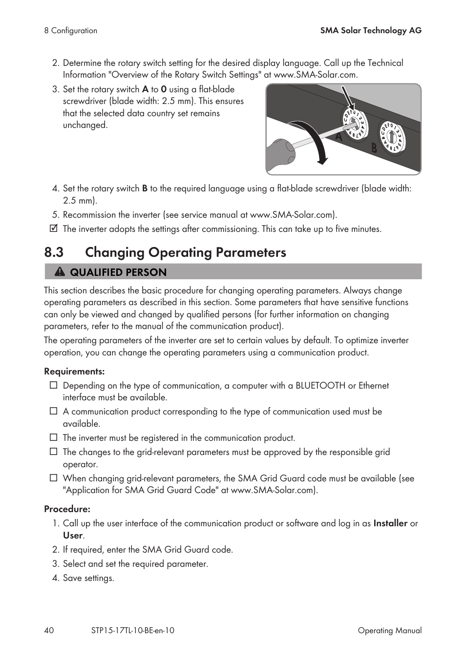 3 changing operating parameters, Changing operating parameters | SMA STP 15000TL User Manual | Page 40 / 60