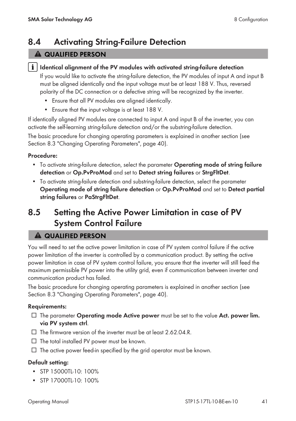 4 activating string-failure detection, Activating string-failure detection | SMA STP 15000TL User Manual | Page 41 / 60