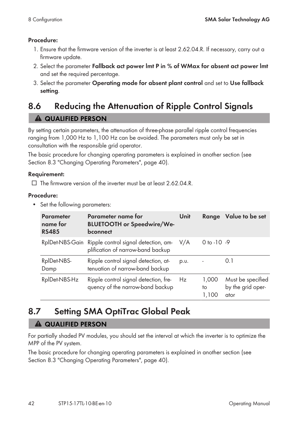 7 setting sma optitrac global peak, Reducing the attenuation of ripple control signals, Setting sma optitrac global peak | SMA STP 15000TL User Manual | Page 42 / 60