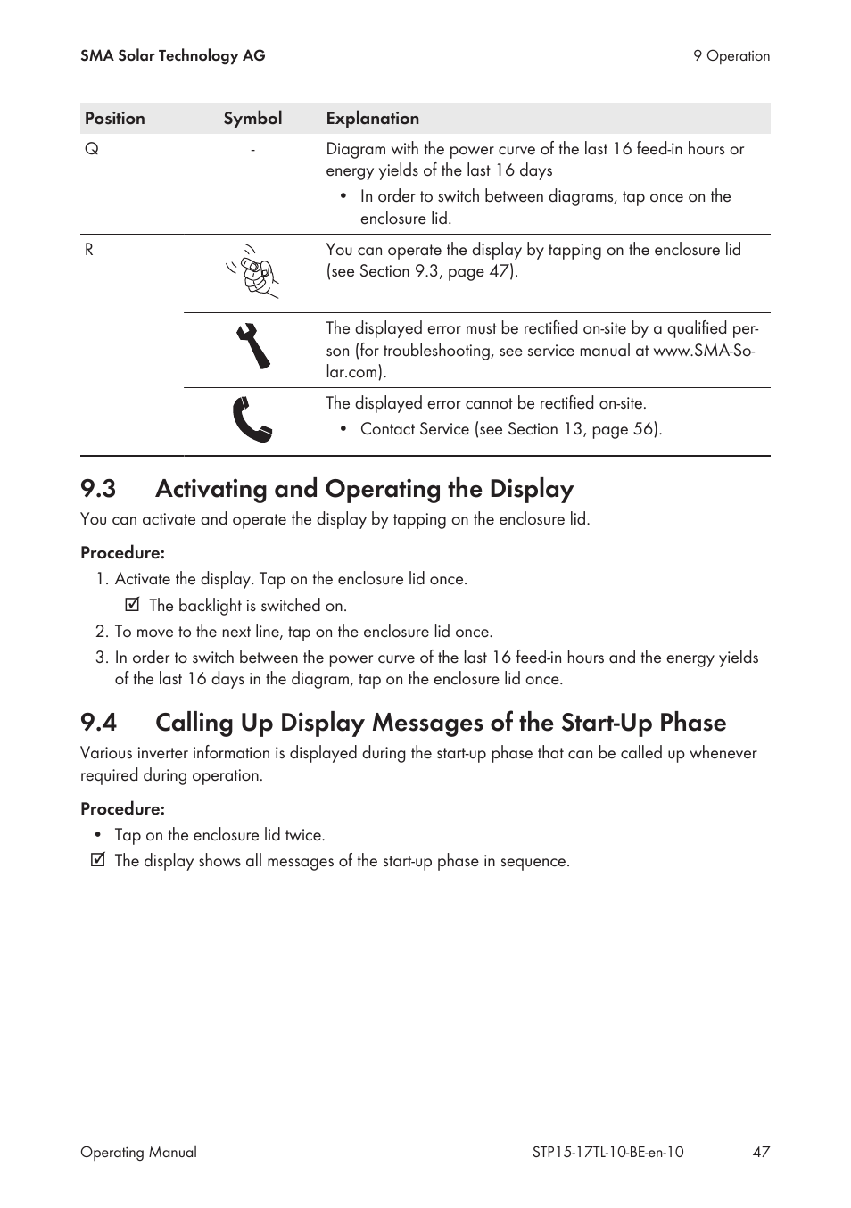3 activating and operating the display, Activating and operating the display, Calling up display messages of the start-up phase | SMA STP 15000TL User Manual | Page 47 / 60