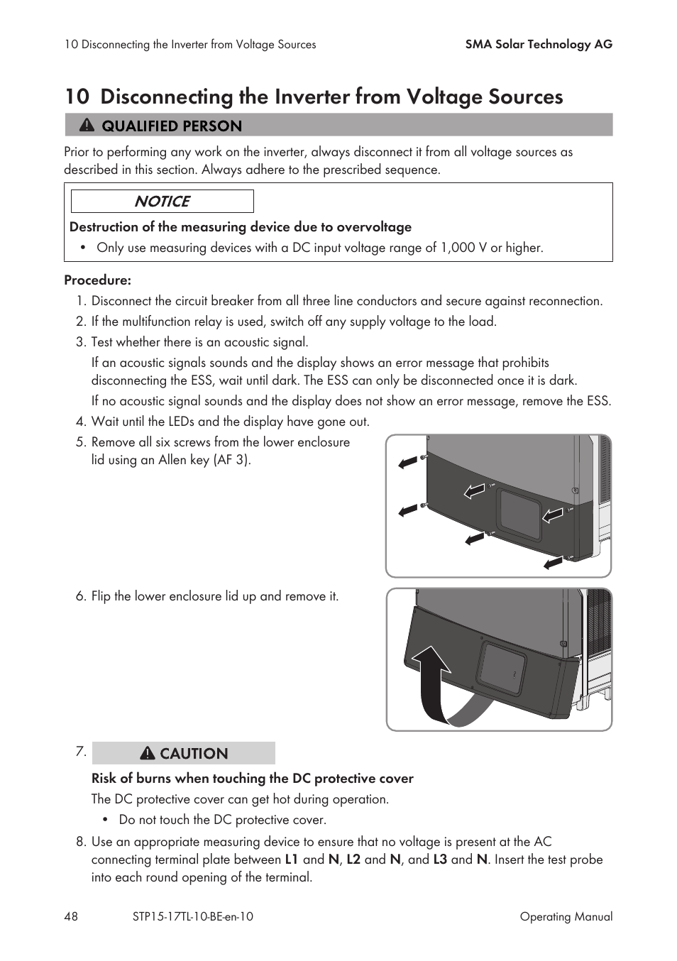 10 disconnecting the inverter from voltage sources | SMA STP 15000TL User Manual | Page 48 / 60