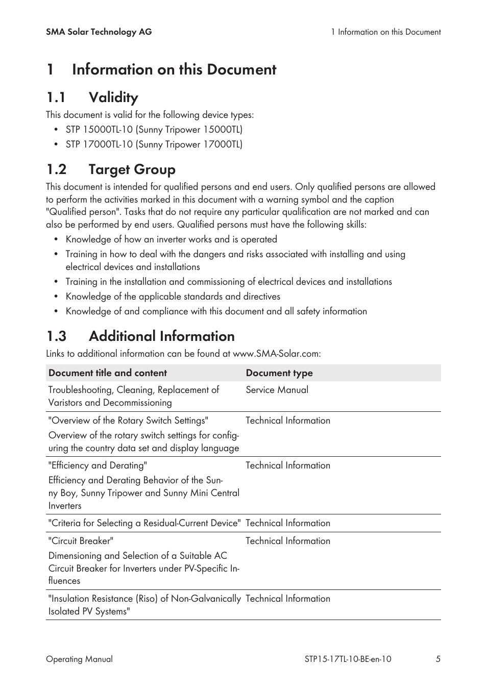 1 information on this document, 1 validity, 2 target group | 3 additional information, Information on this document, Validity, Target group, Additional information, 1information on this document | SMA STP 15000TL User Manual | Page 5 / 60